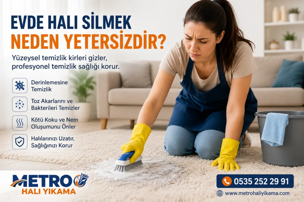 Ev ortamında halı silen kadın görseli ve profesyonel halı yıkamanın avantajlarını anlatan Metro Halı Yıkama reklam görseli