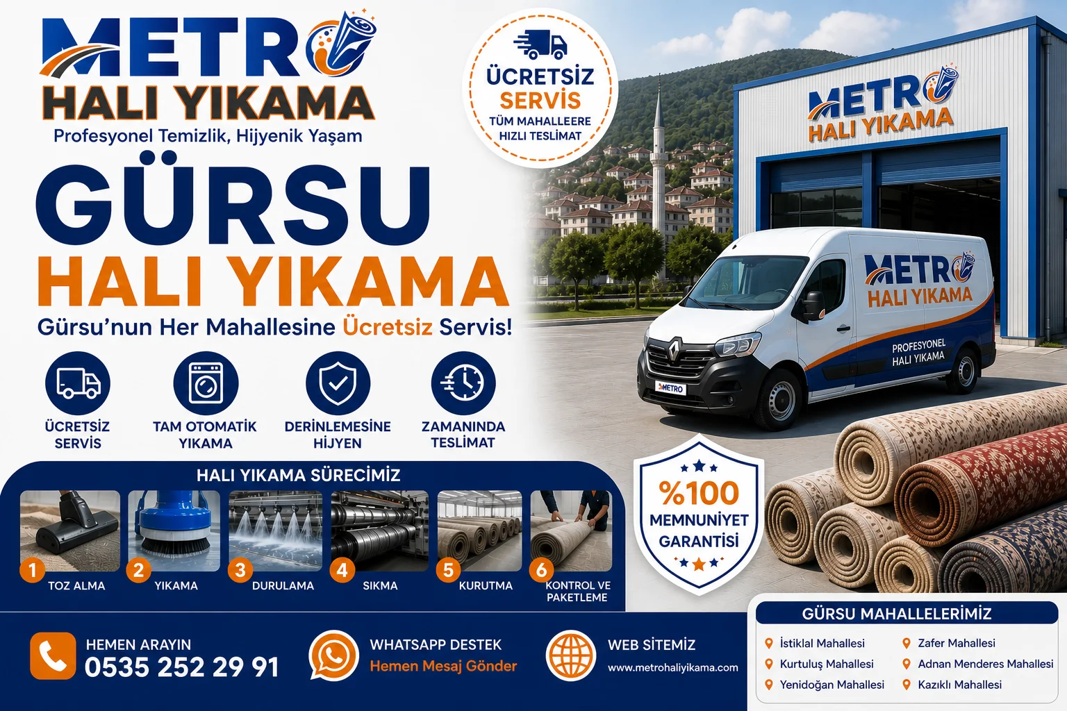 Gürsu halı yıkama hizmeti veren Metro Halı Yıkama, ücretsiz servis ve profesyonel halı temizleme Bursa