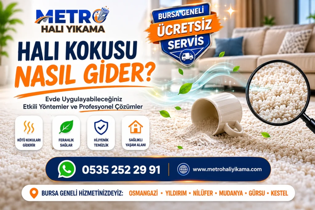 Halı kokusu nasıl gider konulu Metro Halı Yıkama görseli, temiz halı üzerinde kötü koku giderme ve hijyenik temizlik vurgusu