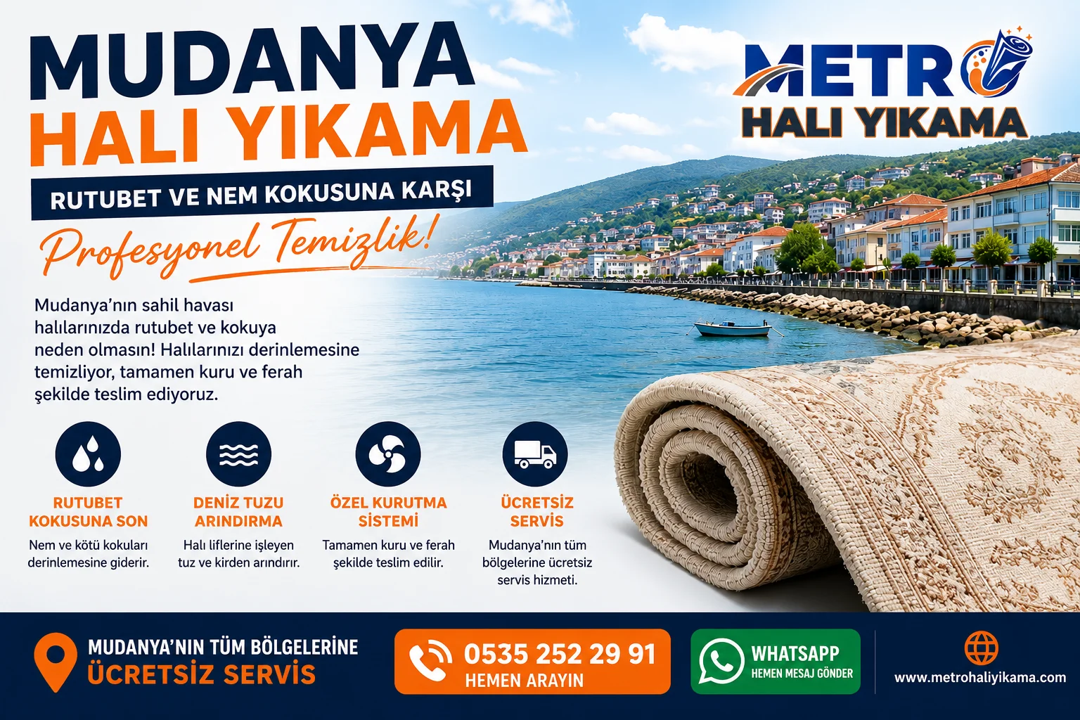 Mudanya halı yıkama hizmeti veren Metro Halı Yıkama firmasına ait rutubet ve nem kokusu giderme temalı profesyonel halı temizleme görseli.