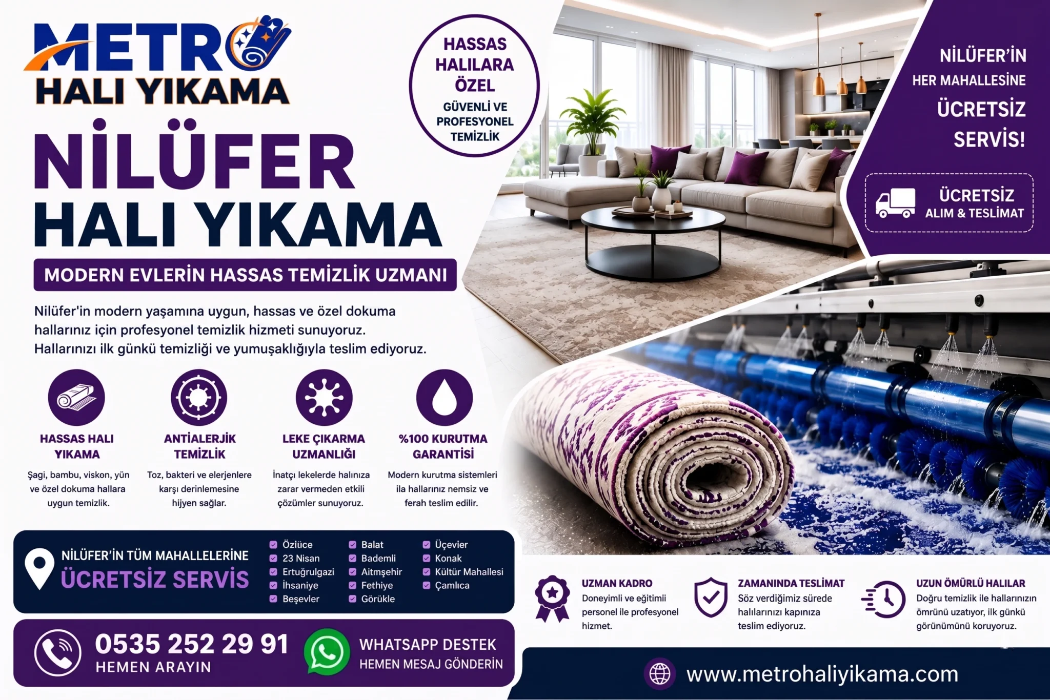Nilüfer halı yıkama hizmeti veren Metro Halı Yıkama firmasına ait hassas halılar için profesyonel temizlik ve ücretsiz servis temalı görsel.
