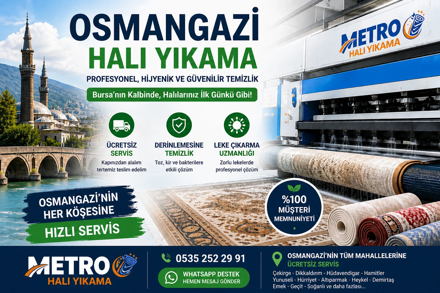 Osmangazi halı yıkama hizmeti veren Metro Halı Yıkama’nın otomatik halı yıkama makinesi ve profesyonel temizlik süreci